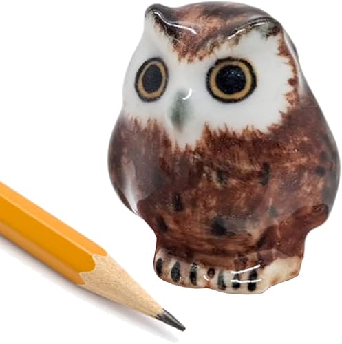 Miniatura 9 de Pequeña figura de búho marrón de 1 pulgadas de alto sobre libro abierto, hecha a mano, búhos de cerámica pintados a mano, aves de rapiña nocturna,