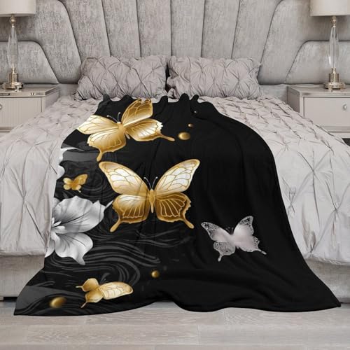 Couverture polaire douce et chaude 167x228 cm motif papillon or