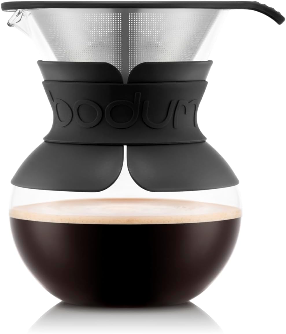 Bodum 17oz Pour Over Coffee Maker, High-Heat Borosilicate Glass with Reusable Stainless Steel Filter and Black Sleeve – Made in Portugal Bodum 17oz Pour Over Coffee Maker, High-Heat Borosilicate Glass with Reusable Stainless Steel Filter and Black Sleeve – Made in Portugal
