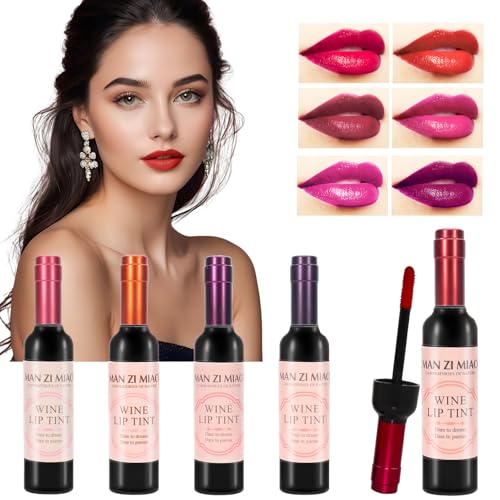 PLBKCTS Wine Lip Tint Set 5 Colors Long-Lasting Lip Stain Kit for Women Lightweight Non-Sticky Lip Gloss Collection Liquid Lipstick Long Lasting Lip and Cheek Tint Red Bottle Packaging