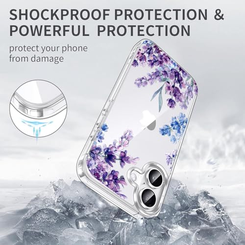 Image of Elzzi Floral Case for iPhone 17, Lavender Flower Clear Phone Case for Women Girls, Cute Aesthetic Purple Botanical Transparent Shockproof Protective Slim Cover (Deep with Leaf)