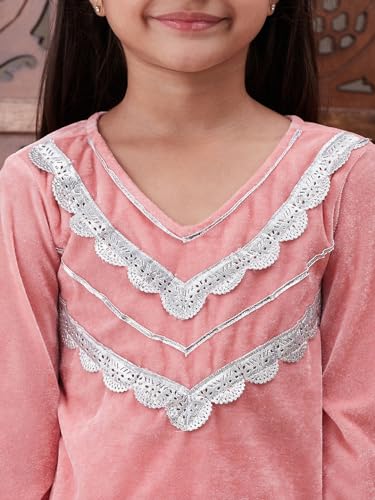 Image of Pspeaches Girls Ethnic Green & Pink Velvet Full Sleeves Solid Kurta and Pant with Dupatta 3 Piece Set