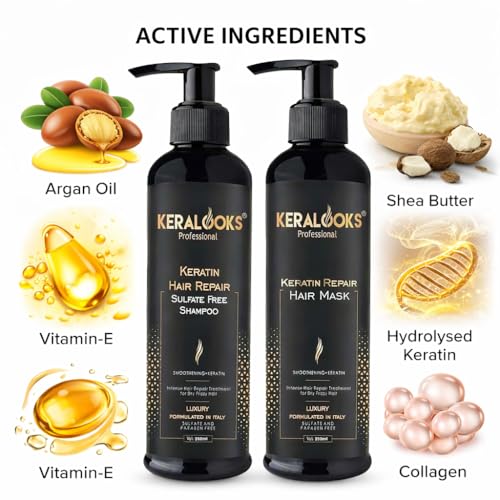 Image of Keratin Hair Mask & Shampoo Combo (250ml Each) Deep Conditioning Mask for Frizz Control, Dry & Damaged Hair | Argan Oil Shampoo With Keratin Hair Mask | for Women & Men | Sulphate Free