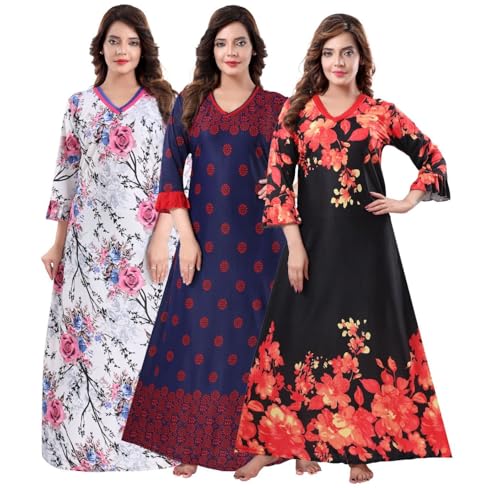 Image of Fabme Women's Crepe Printed Flare Nighty with Long Sleeves /Night Gown /Nightwear /Maxi - Value Combo