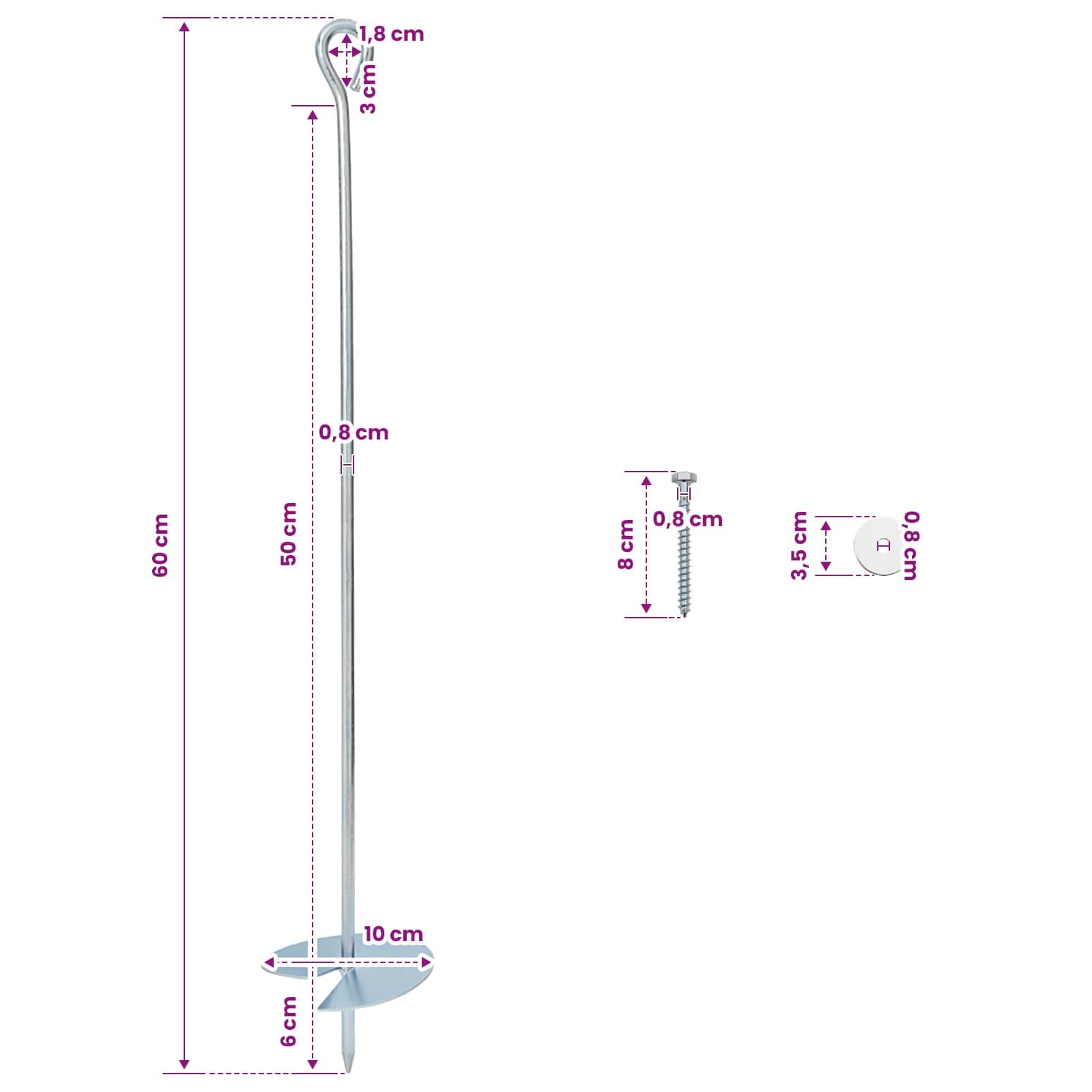 10 picchetti di ancoraggio a terra Ø 10 x 60 cm in metallo zincato per giardino, gazebo e tende, argento