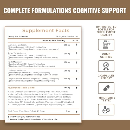 12-in-1 Mushroom Supplement, 60 Count | 3500mg Lion’s Mane Supplement Capsules with Cordyceps 2500mg, Turkey Tail 3500mg, Reishi 1500mg, Chaga 1500mg & Mushroom Magic Blend - Image 3