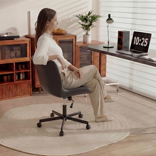 Image of Armless Desk Chair, Morden Home Office Chair no Arms, Adjustable Height & Rocking Computer Chair, PU Leather Vanity Chair, Ergonomic Seat Soft Padded Desk Chairs for Home Small Space, Black