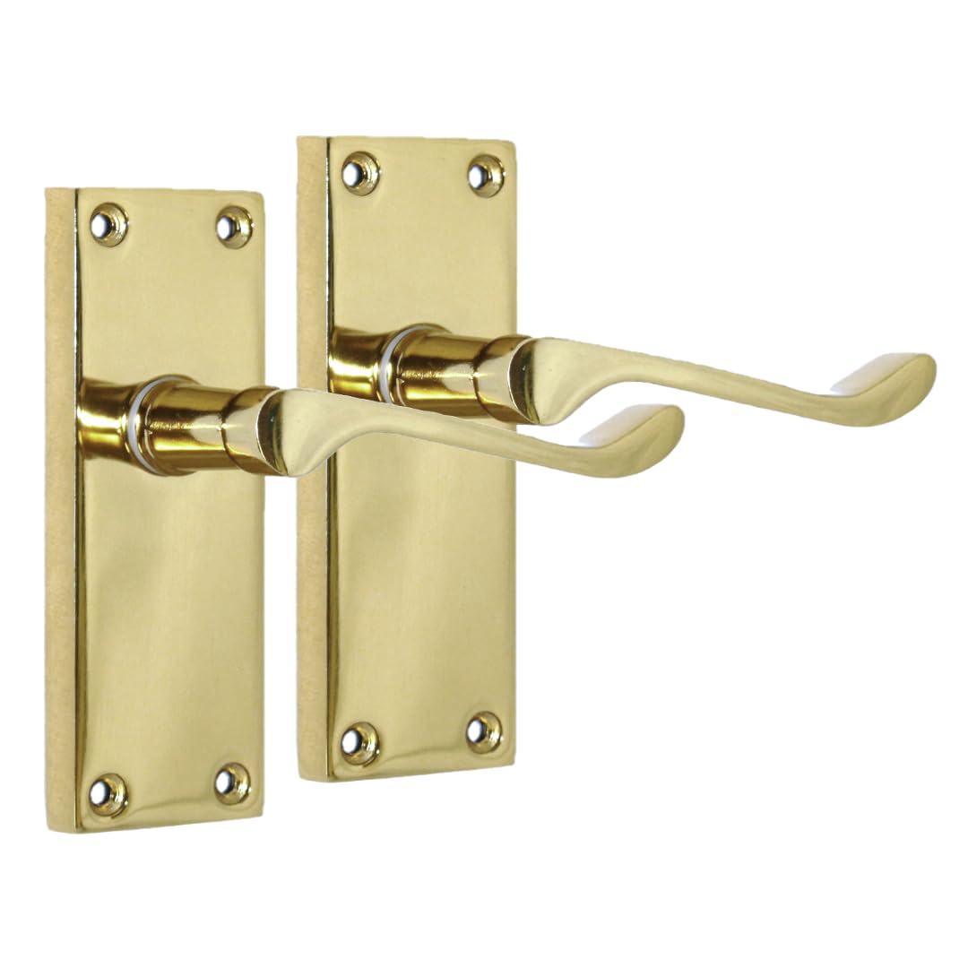 Epsom Door Handle Brass Plated Scroll Door Handle Set - Victorian Style Internal and External Lever Door Handles with Backplate 118mm x 42mm Sets (Pair of Handles)