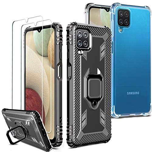 Milomdoi [4 Articulos] 2 Funda +2 Packs Cristal Templado para Samsung Galaxy A12, [2 Styles Case] [Grado Militar Anti-Cada] Soporte Giratorio de 360Grados con Anillo Dedo TPU Silicona-Negro