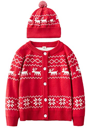 GABOB Toddler Christmas Cardigan Crew Neck Outerwear Button Down Knitted, Red, 2T