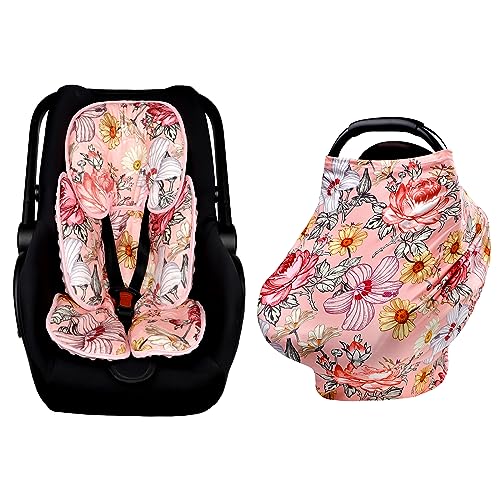 Image of Pink Infant Car Seat Head Body Support Pillow,Baby Car Seat Cover Girls, Infant Carseat Canopy, Stretchy Multi- use Nursing Cover for Stroller/High Chair/Shopping Cart/Car Seat Canopies