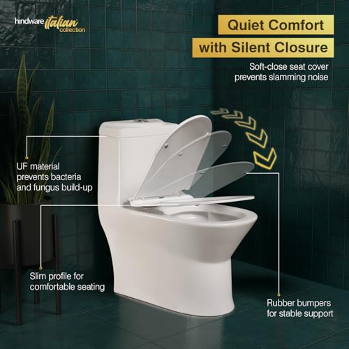 Image of Hindware Italian Collection Studio Commode for Bathroom |S-300 Trap |Made of Ceramic |12-year Manufacturer Warranty |3D Syphonic Flushing |Rimless |Duroplast /UF Seat Cover |Soft Close |One-Piece EWC