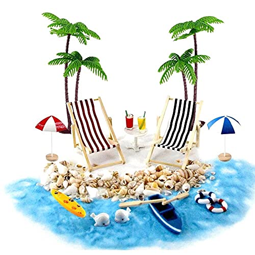 Doll House Accessoires Miniture Plage Set Décoration Plage Micro Paysage Avec Transats Parasols Palmier Pour L'été 18pcs
