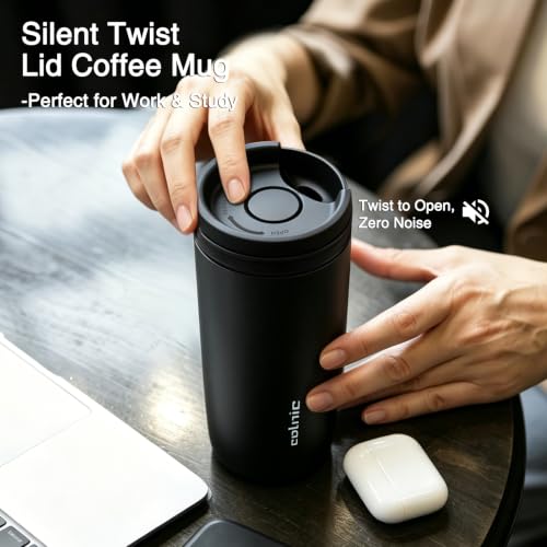 Image of 16 oz Travel Coffee Mug with Twist-Open Lid, Leak Proof Coffee Travel Mug, Insulated Tumbler Stainless Steel Coffee Cup For Hot And Iced Cold, Spill Proof Fits Cup Holder (Black)