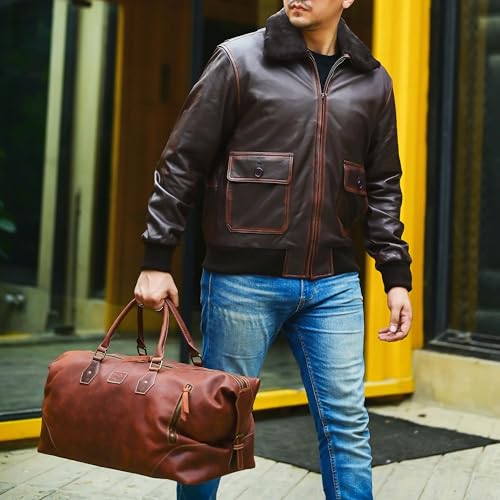 Image of Jild Navy G-1 Real Leather Bomber Jacket Men with Removable Fur Collar - Vintage Flight Aviator Leather Jacket Men