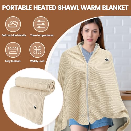 Portable Heated Shawl, Needle Cotton Electric Heated Blanket Shawl, 3 Temperature Heated Warming Blanket, Soft Zipper Thermal Shawl, Insulated Wrap Heated Shawl Suitable for Home