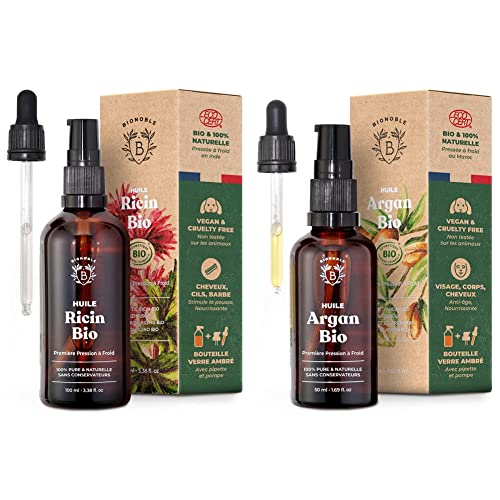 Bionoble Huile de Ricin Bio 100ml - Huile Pousse Cheveux, Cils, Sourcils, Barbe et Ongles & Huile d'Argan Bio 50ml - 100% Huile d Argan Pure et Pressée à Froid - Pure Organic Argan Oil Morocco Cover
