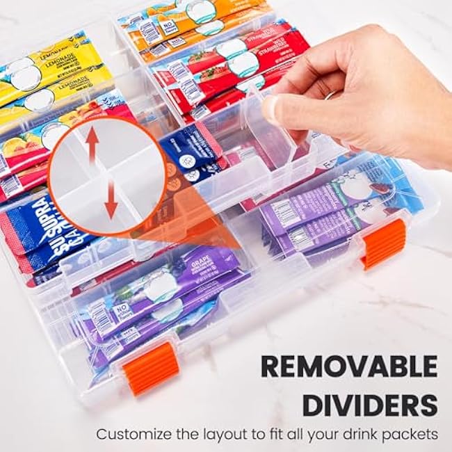 MIMORE Drink Packet Organizer - Water Flavoring Packets Organizer with Lid - Removable Divider, Travel, Stackable