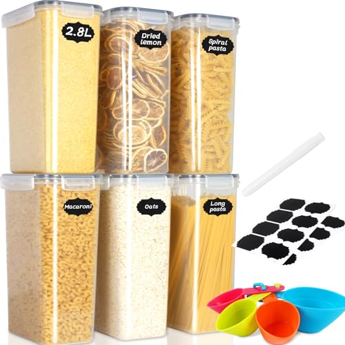 Cinnani 2.8L Boite de Rangement Cuisine Lot de 6, Sans BPA Bocaux Hermetiques Alimentaires en Plastique Scellée avec Couvercle, pour Stocker Les Cereales, Pâtes, Farine