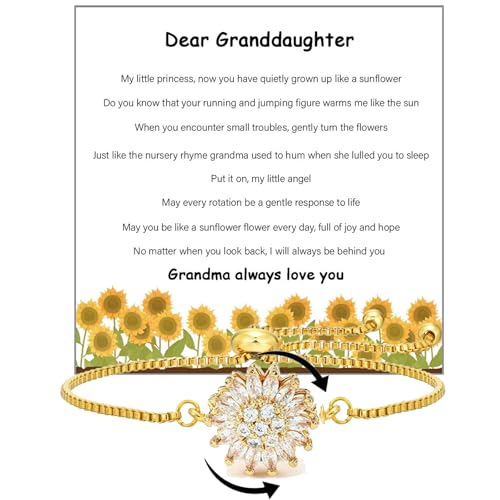 To My Granddaughter-Sunflower Mood Bracelet, Adjustable Rhinestone Sparkly Spinning Flowers Anxiety Wrist Bracelets Sunflowers Statement Worry Relieving Gift Jewelry