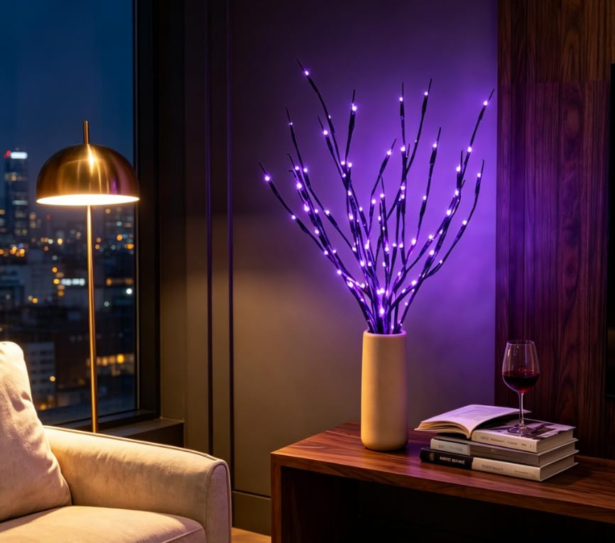 Image of DK177 2 Pack Led Branch Light Battery Operated Lighted Branch Vase Filler Willow Tree Artificial Little Twig Power Brown 30 Inch 20 LED for Home Outdoor Indoor Romantic Decoration, Purple Light