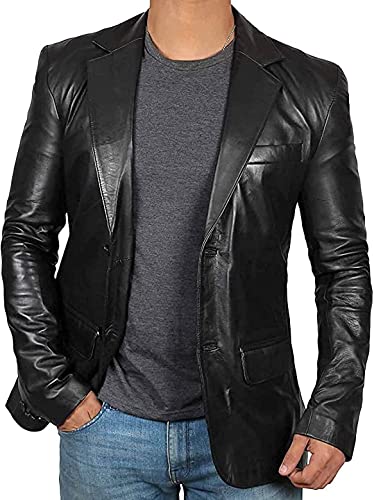 Classic Black Sheepskin Dress Coat Lambskin Leather Blazer Jacket Regular-image-46