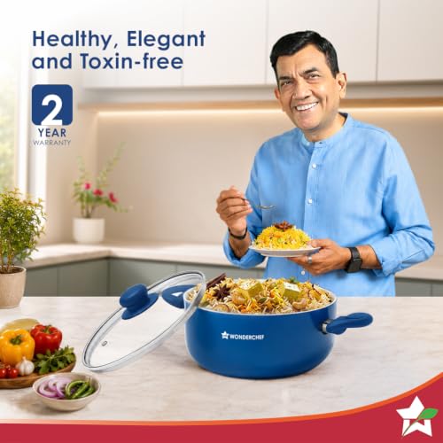 Image of Wonderchef Natura Ceramic Casserole & Glass Lid for Cooking, 24cm, 4.5L, Non-Toxic Chemical-Free Coating, PFOA /PFAS-Free, Scratch-Resistant, Gas & Induction Compatible, 2-Yr Warranty, Teal Blue