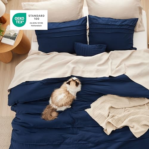 Image of Bedsure Navy Blue Oversized King Size Comforter Set - 4 Pieces Pinch Pleat Bed Set, Down Alternative Bedding Sets for All Season, 1 Comforter, 2 Pillowcases, 1 Decorative Pillow