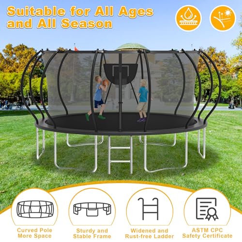 1500LBS Tranpoline Outdoor 8 10 12 14 16FT Tranpoline for Kids and Adults,【Easy to Install & Built to Last】 Recreational Tranpolines with Net, Light+Sprinkler, Basketball Hoop, ASTM Approved