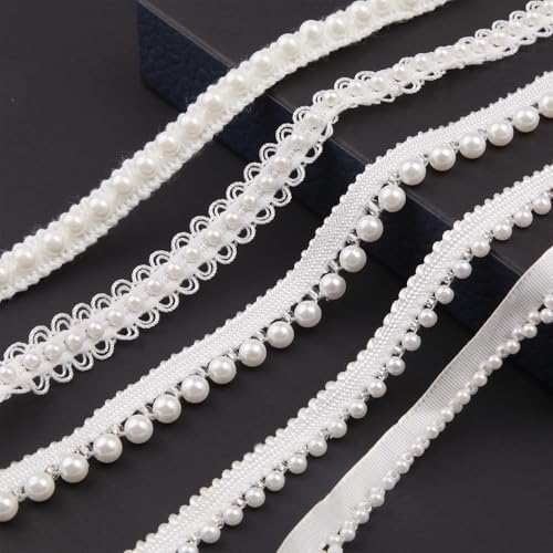 HLTOO 5 Yards Pearls Lace Ribbon Trim White Beaded Fringe Trim Applique for Sewing Clothing Curtains Wedding Decoration Bridal Dress Belt Headwear 5 Styles