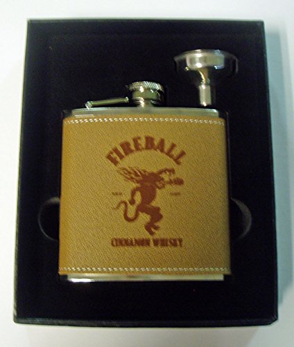 Fireball Whiskey engraved leather covered stainless steel flask with a funnel in a black presentation box