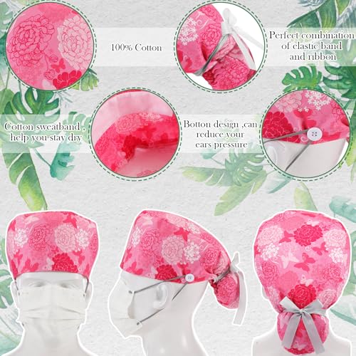 Image of 6 Pcs Scrub Cap Women Adjustable Nurse Cap with Button Bouffant Medical Surgical Hat Sweatband for Gift