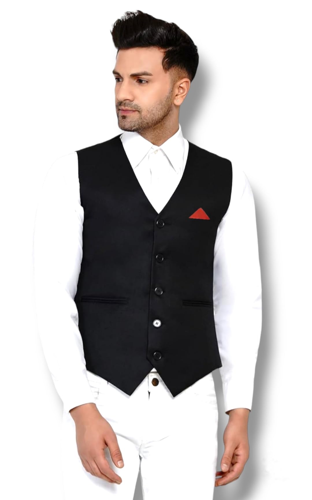 Men's Classic Black Waistcoat with Red Pocket Square, 4-Button Formal Vest