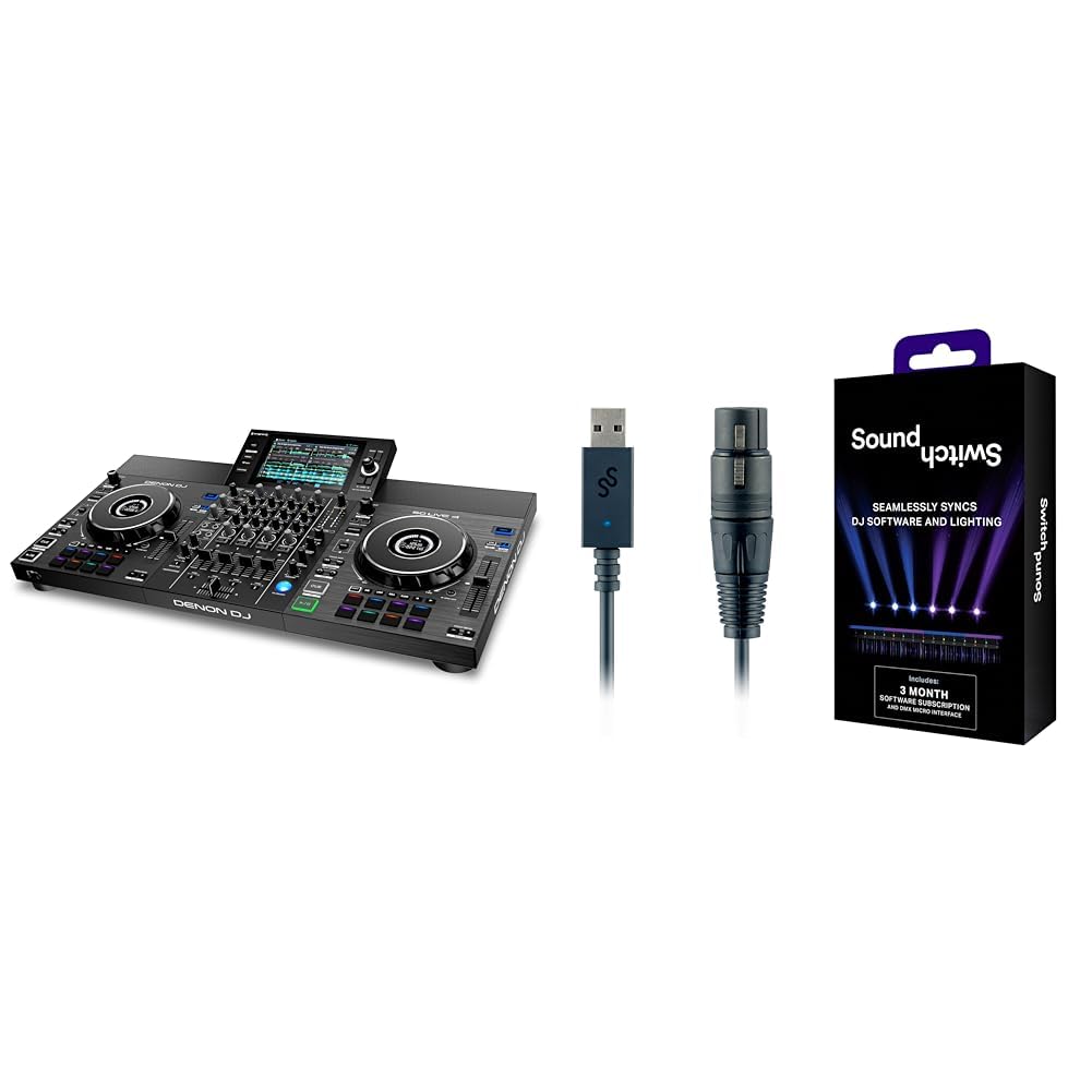 Denon DJ SC LIVE 4 - Controlador DJ autónomo, mezclador 4 canales, streaming de Amazon Music & SoundSwitch DMX Micro Interface - interfaz de USB a DMX ultra compacta