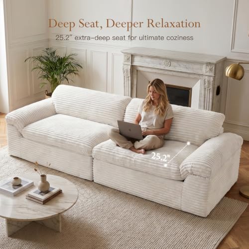 Image of Vesgantti 118 inch Modular Sectional Couch, Comfy Corduroy Upholstered Cloud Couches for Living Room, Modern 3 Seater Sofa with Deep Seat, Warm White