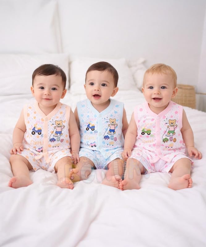 Image of BONUM Baby's Boy's Girl's 100% Cotton Button Shirt with Pyjama Pant Set of 3 New Born Baby Clothes