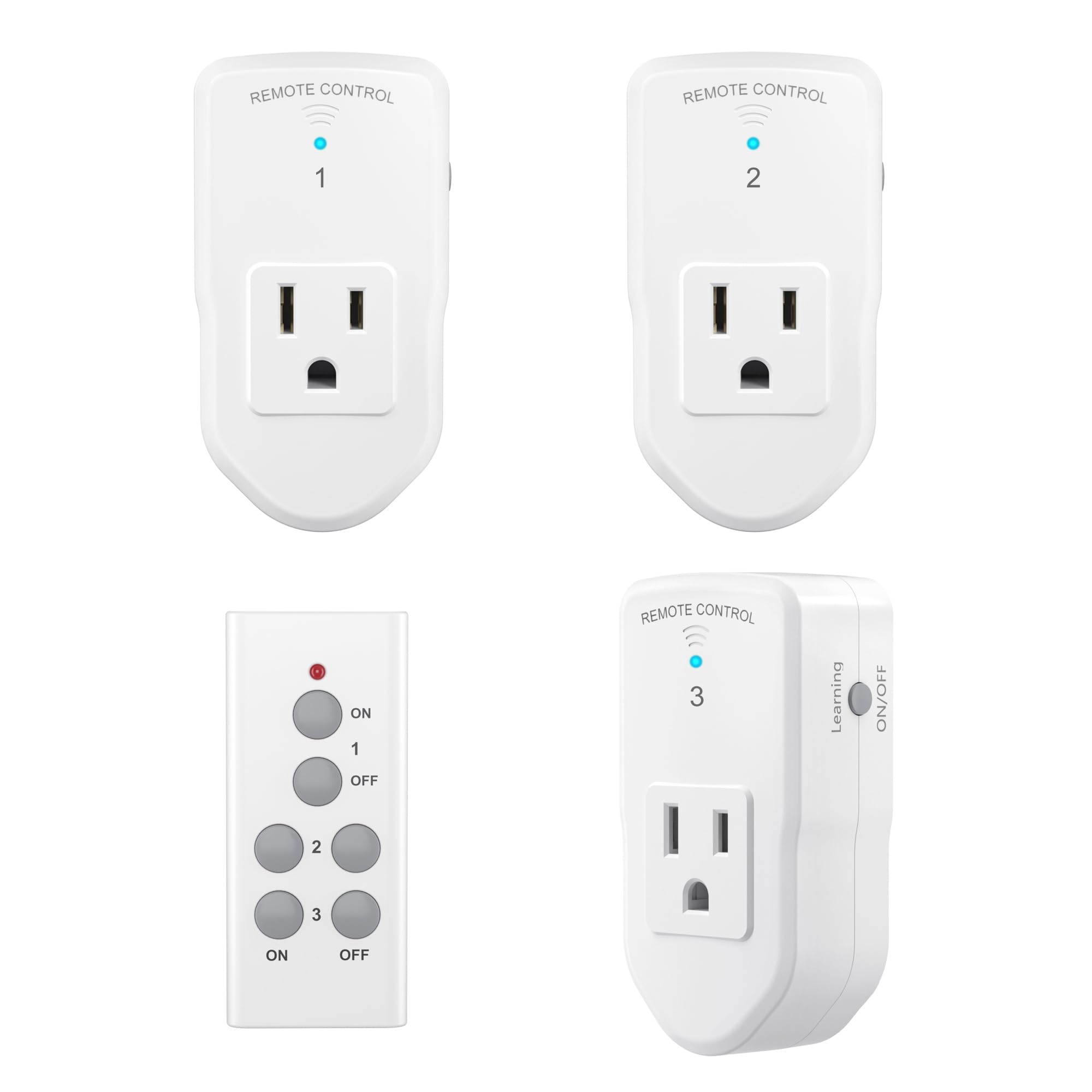 BN-LINK Wireless Remote Control Electrical Outlet Switch for Lights, Fans, Christmas Lights, Small Appliance, Long Range White (Learning Code, 3Rx-1Tx) 1200W/10A
