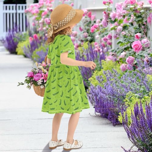 Girls Summer Dress Short Sleeve A Line Pickle Pattern on Green Background Casual Dresses for Kids 2-8 Years4