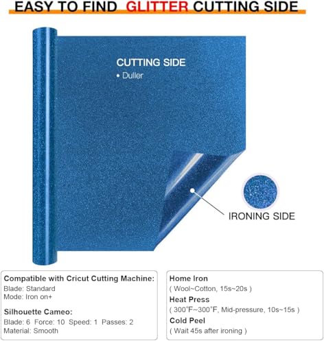 Image of HTVRONT Glitter HTV Heat Transfer Vinyl Roll - 10 inch x 8ft Blue Glitter HTV Vinyl for Shirts, Blue Glitter Iron on Vinyl for All Cutter Machine - Easy to Cut & Weed for Heat Vinyl Design