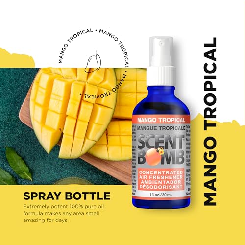 Image of Scent Bomb Air Freshener Spray, Long-Lasting Odor Eliminator - Effective Deodorizer for Home & Car, Fresh Room Spray for Kitchen, Bathroom & Smell Neutralizer - 1 oz Pack of 4, Mango Tropical Scent
