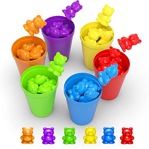 Rainbow Counting Bears With Matching Sorting Cups 150 Pcs Set JUMBO PACK + FREE Linking Cubes + FREE Counting Chips + FREE Storage Bag | STEM Educational Gift Toddler, Pre-School Learning Counting Toy - Thumbnail 5