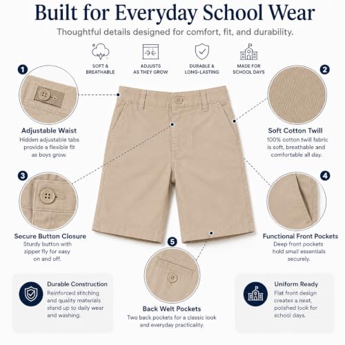 Image of Bienzoe Boys School Uniform Shorts: Flat Front Cotton Bermuda - Adjustable Waist - Breathable for Church Outdoor - Aged 4-13