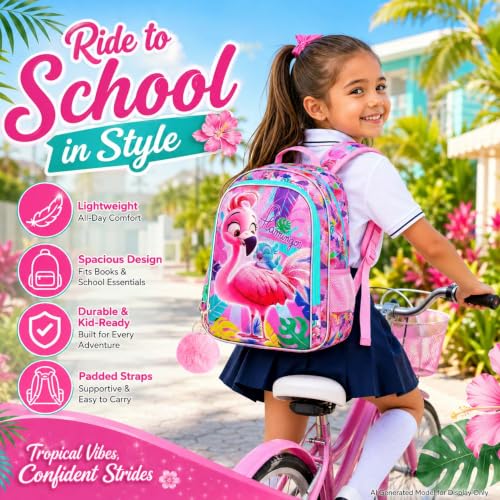 Image of AGSDON 3PCS Flamingo Backpacks for Girls, 16 inch Kids Backpack with Lunch Box, Water Resistant Girl Reflective Bookbag for Elementary
