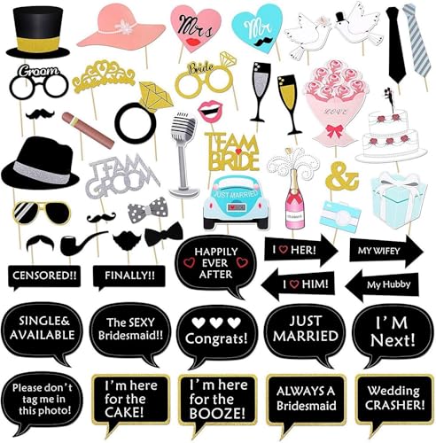 JUNYVIO 52pcs Wedding Photo Booth Props Fun Photoshoot Selfie Accessories Bachelorette Party Photo Booth Prop Kit for Bridal Shower Engagement and Valentines Photobooth Props Wedding Supplies