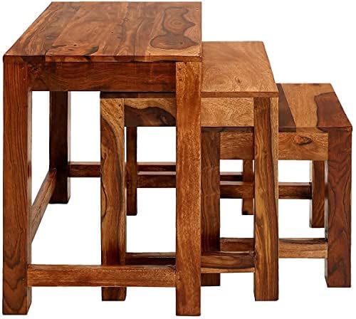 Image of Sheesham Wood Nesting Table Set of 3 Pieces Stool for Living Room | Nesting Stool Sheesham | Wooden Stools | Nesting Table Set of 3 Pieces
