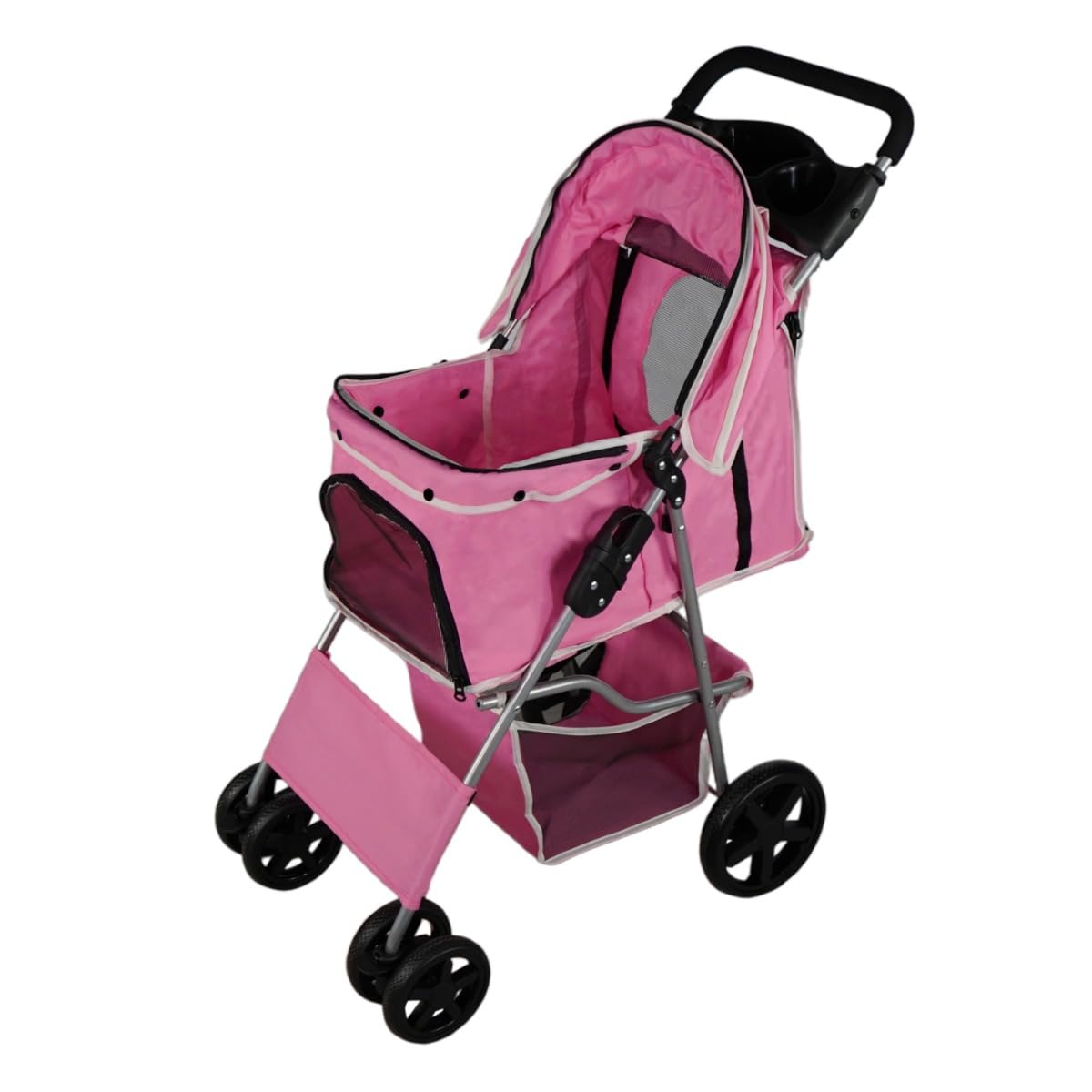 Cochecito Rosa Plegable para Mascotas Carrito Viaje para Perros Gatos Pet Travel Stroller Pet Trolley Dog Pram Capacidad Carga 15kg con Gancho Cierre Mosquetón Cesta Portavasos y Funda lluvia GRATIS