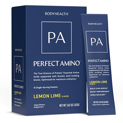 Image of BodyHealth PerfectAmino Powder - BCAA and EAA Powder for Pre and Post Workout - Amino Acid Energy Drink for Men and Women to Support Lean Muscle and Recovery - Lemon Lime - Stick Packs - 15 Servings