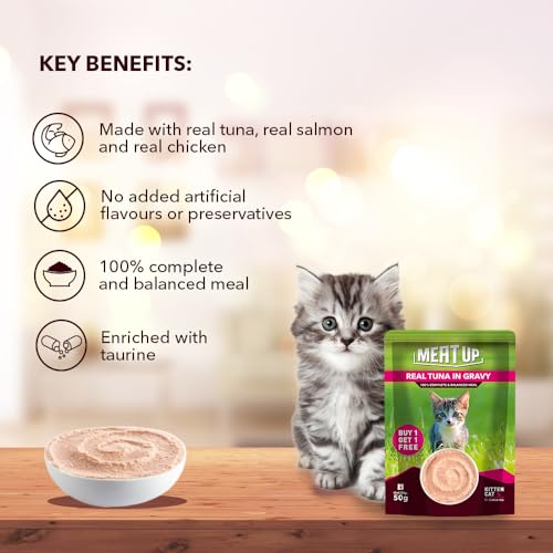 Image of Meat Up Kitten Cat Wet Food 16 Pouches x 50g, Total 800g | Real Tuna in Gravy | Supports Heart & Vision Health | Strong Bones & Teeth | Natural Flavours | Organic Minerals & Vitamins