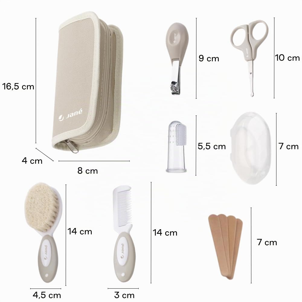 Jané Set de Higiene Bebé Basic con Neceser, Peine, Cepillo Cerdas Naturales, Tijeras, Cortauñas, Limas y Cepillo Dental Silicona, Beige