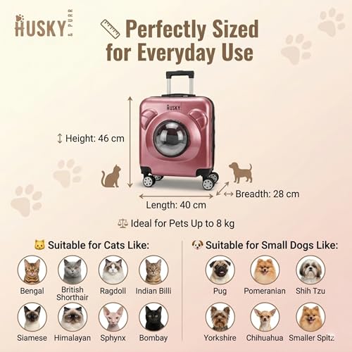 Image of Husky & Purr Pet Carrier with Wheels for Cats & Small Dogs | Durable Cat Bag Carrier Trolley with Mesh and Transparent Dome Front, Telescopic Handle, Up to 8kgs